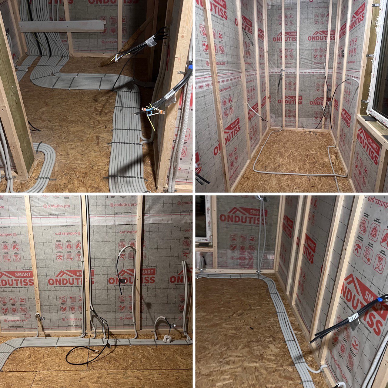 Электропроводка в каркасном доме: проложенные кабели, гофрированные трубы и монтажная коробка.