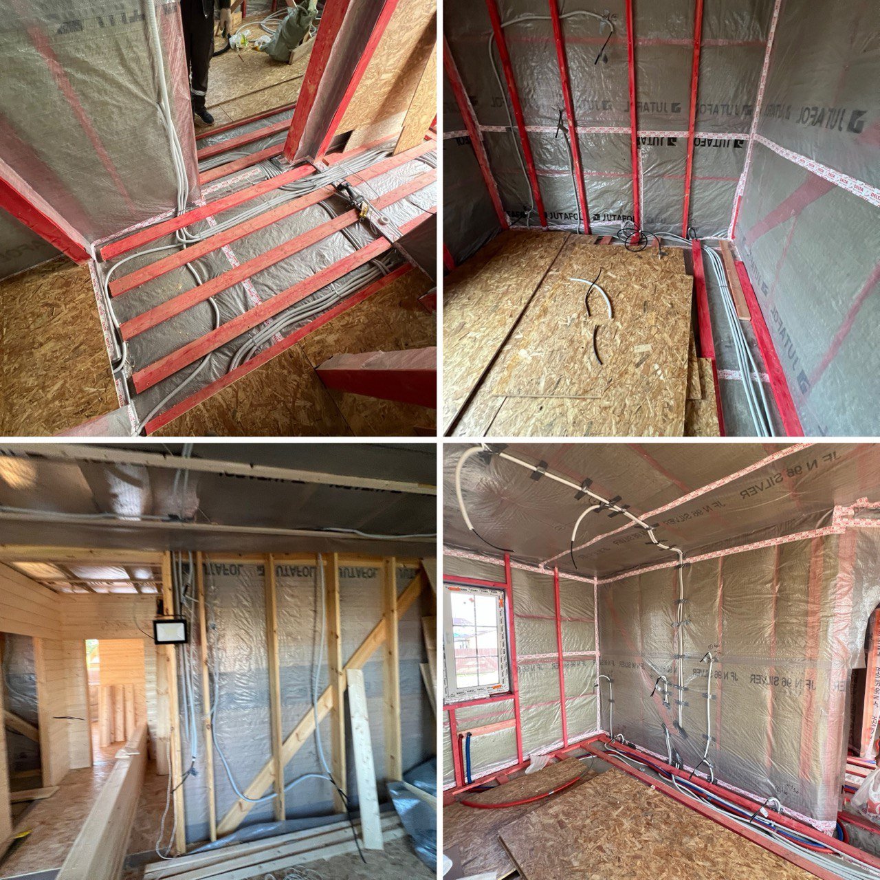 Электропроводка в каркасном доме: проложены кабели в гофротрубах вдоль деревянных балок и стоек.