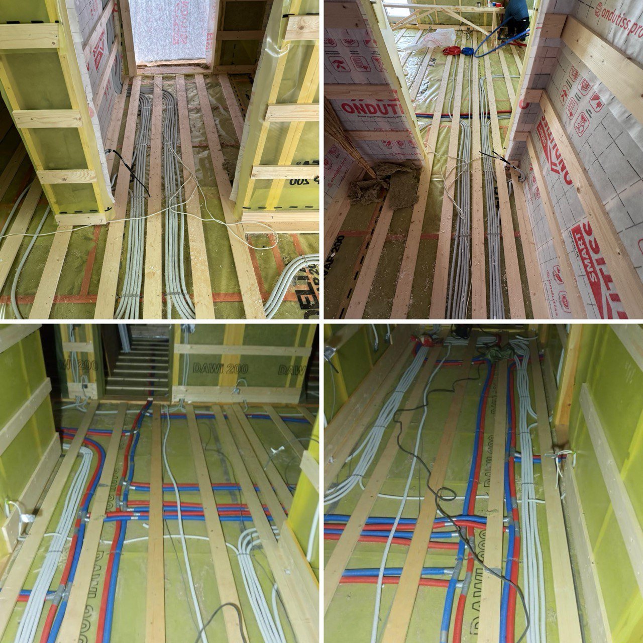 Электропроводка в каркасном доме: кабели в гофротрубах, проложенные по деревянным лагам и утеплителю.