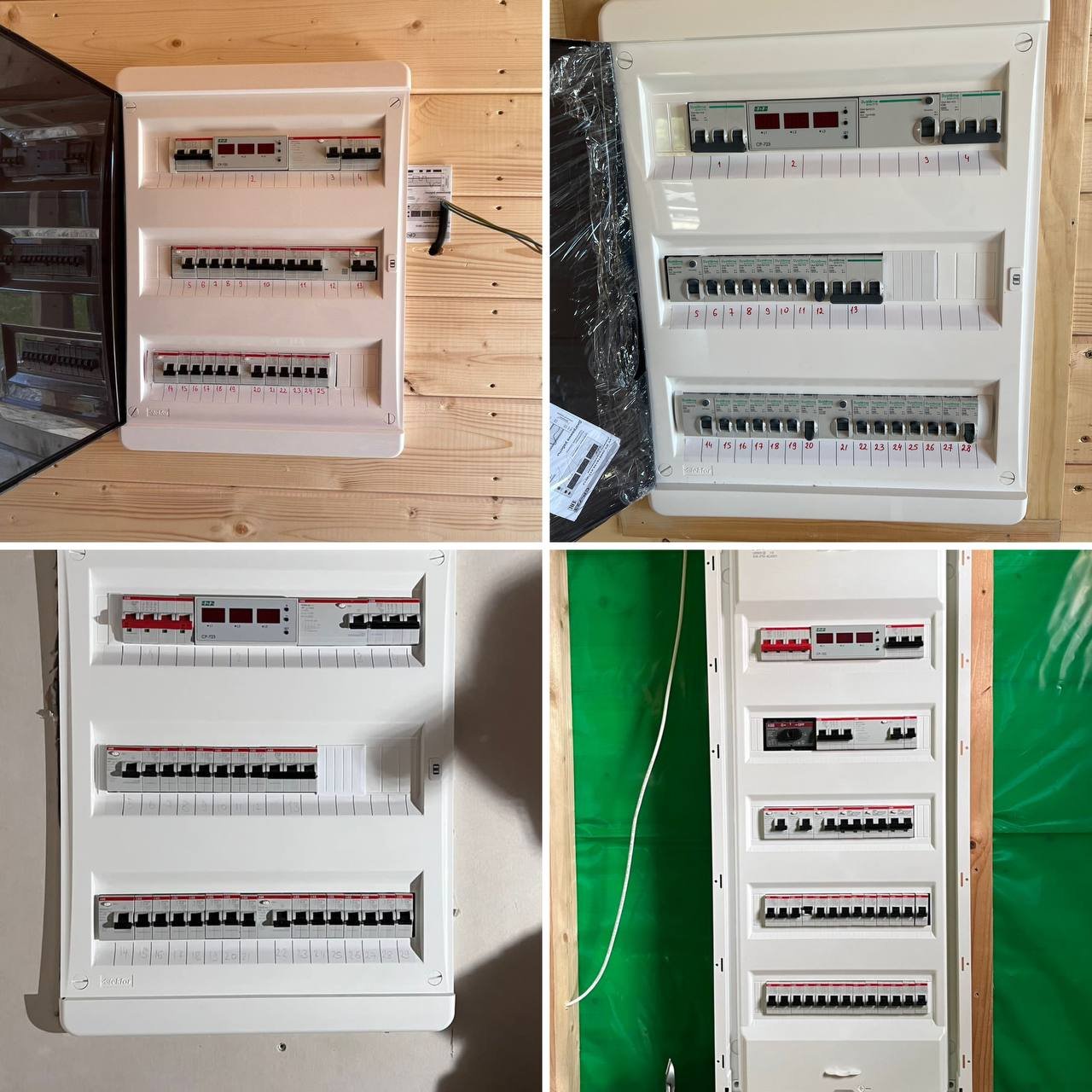 Электрический щиток с автоматическими выключателями, установленный на деревянной стене. Электромонтажные работы.